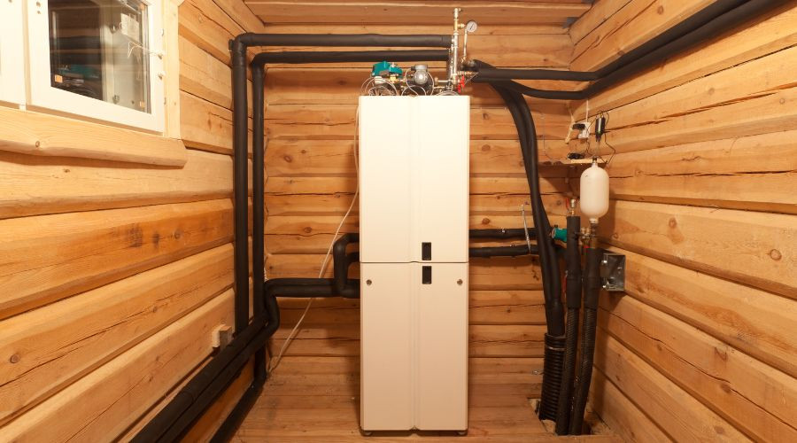 White utility cabinet in a rustic room with black pipes and HVAC equipment for maintenance and serviceability.
